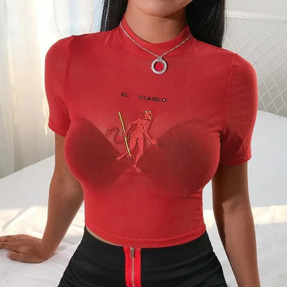 Gothic EL DIABLO Red Devil Embroidery Mesh Top EG0178 - Egirldoll