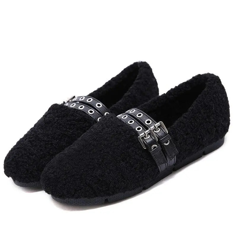 Gothic Faux Fur Grommet Straps Flat Shoes EG0190 - Egirldoll