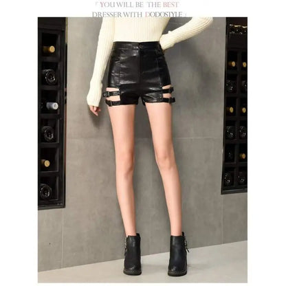 Gothic Faux Leather Hollow Out Side Straps Skinny Shorts EG412 - Egirldoll