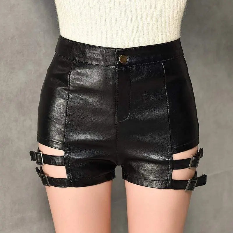 Gothic Faux Leather Hollow Out Side Straps Skinny Shorts EG412 - Egirldoll