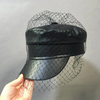 Gothic Faux Leather Newsboy Hat with Veil Mesh EG0199 - Egirldoll