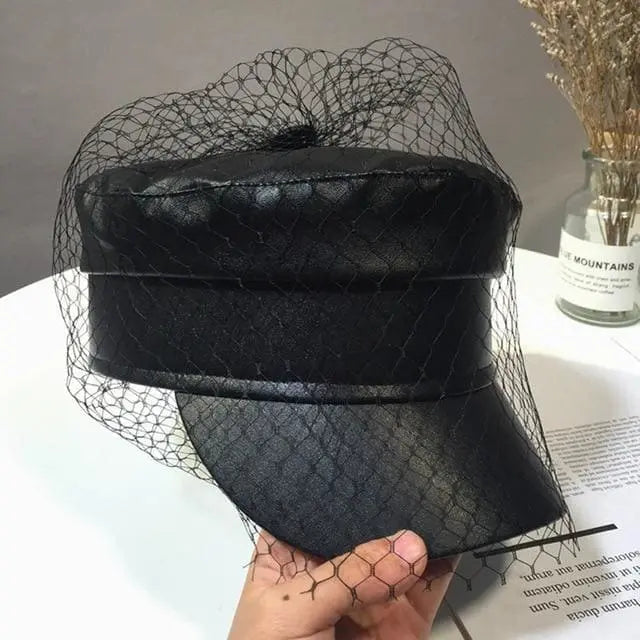 Gothic Faux Leather Newsboy Hat with Veil Mesh EG0199 - Egirldoll