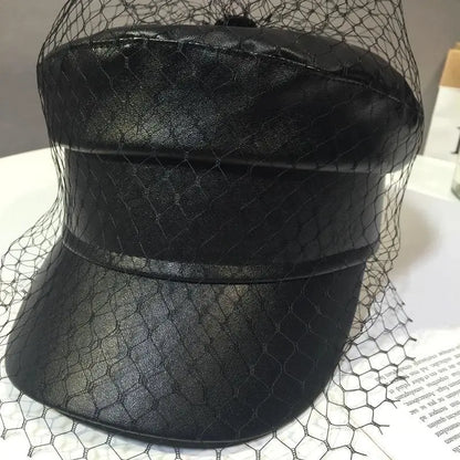 Gothic Faux Leather Newsboy Hat with Veil Mesh EG0199 - Egirldoll