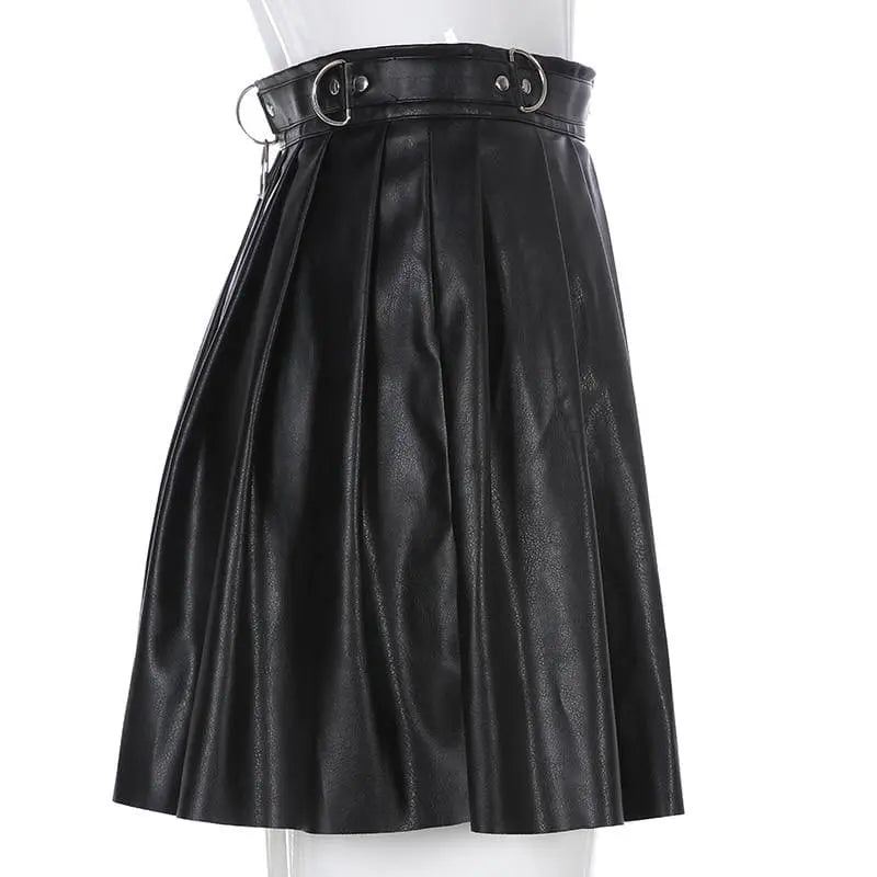Gothic Faux Leather O-Ring Zipper Pleated Mini Skirt EG018 - Egirldoll