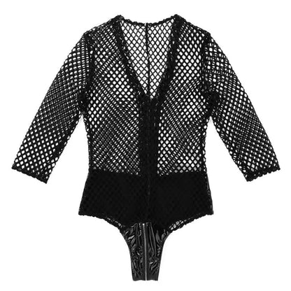 Gothic Fishnet Faux Leather V-Neck Zipper Crotch Bodysuit EG0215 - Egirldoll