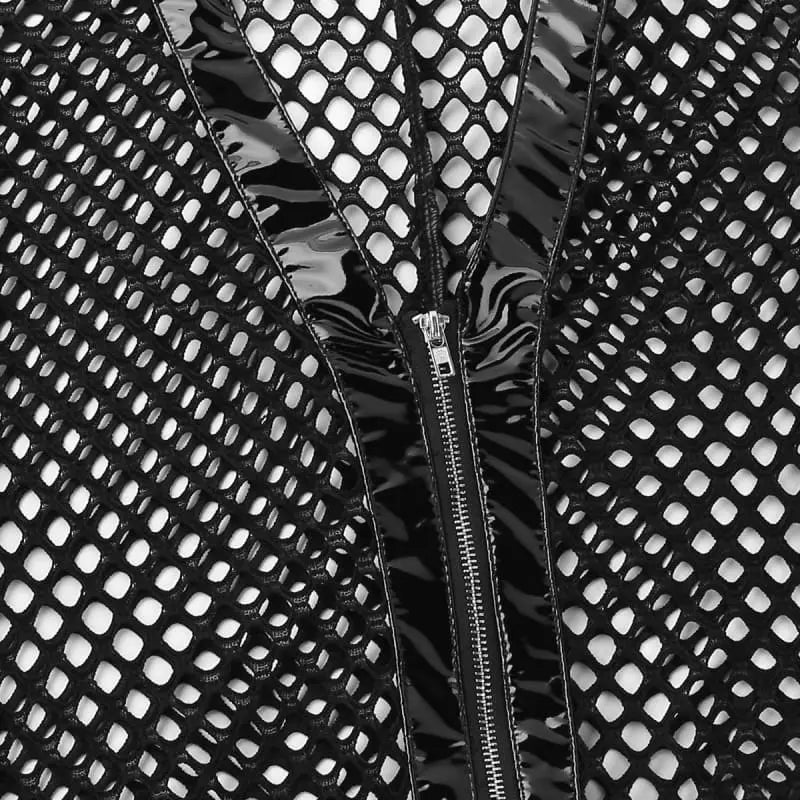 Gothic Fishnet Faux Leather V-Neck Zipper Crotch Bodysuit EG0215 - Egirldoll
