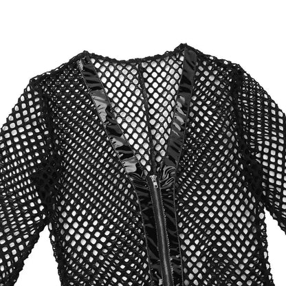 Gothic Fishnet Faux Leather V-Neck Zipper Crotch Bodysuit EG0215 - Egirldoll