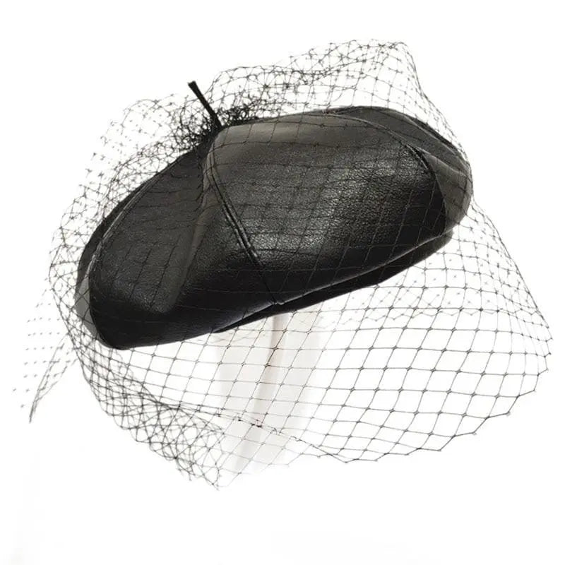 Gothic French Faux Leather Beret with Veil Mesh EG0223 - Egirldoll