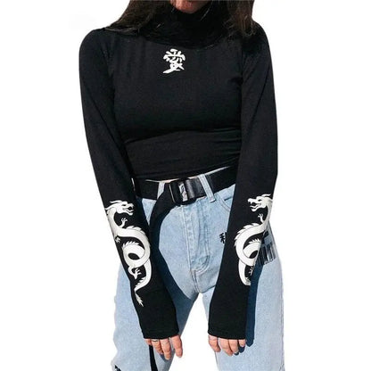 Gothic Grunge 90's Reflective Dragon Print Long Sleeve Top EG0233 - Egirldoll