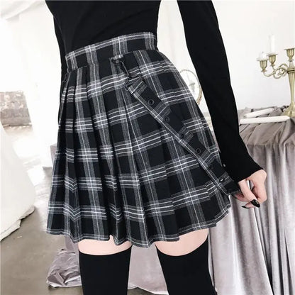 Gothic Grunge Black Gray Plaid Pleated Skirt EG276 - Egirldoll