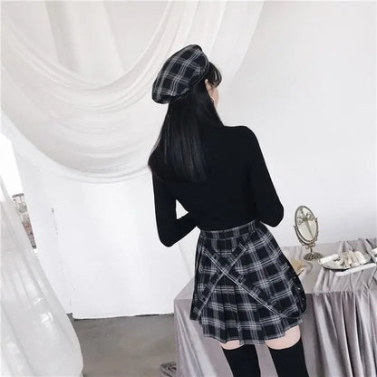 Gothic Grunge Black Gray Plaid Pleated Skirt EG276 - Egirldoll