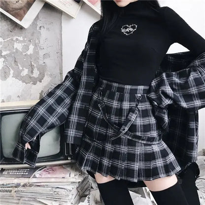 Gothic Grunge Black Gray Plaid Pleated Skirt EG276 - Egirldoll