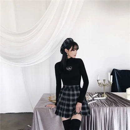 Gothic Grunge Black Gray Plaid Pleated Skirt EG276 - Egirldoll