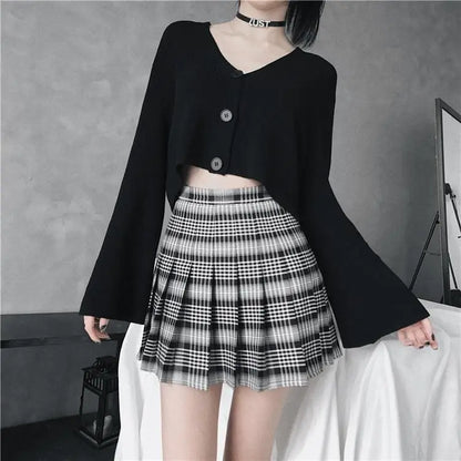 Gothic Grunge Black & White Plaid Pleated Mini Skirt (Available in Plus Size) EG0234 - Egirldoll