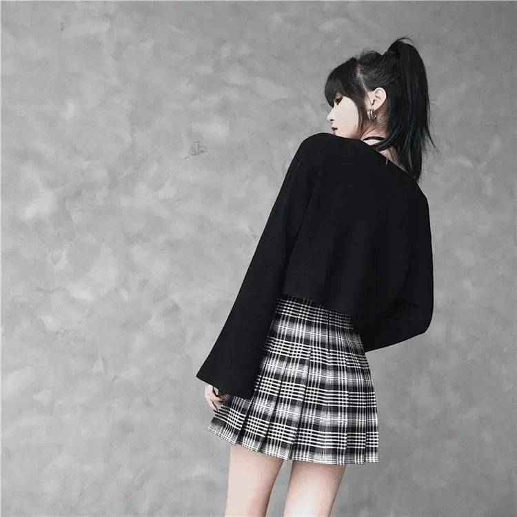 Gothic Grunge Black & White Plaid Pleated Mini Skirt (Available in Plus Size) EG0234 - Egirldoll