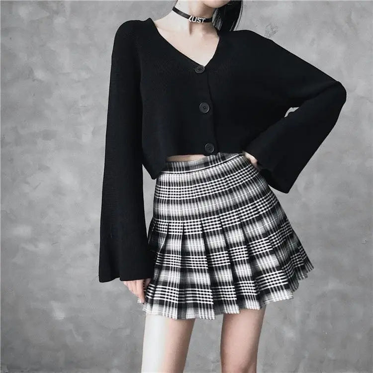 Gothic Grunge Black & White Plaid Pleated Mini Skirt (Available in Plus Size) EG0234 - Egirldoll