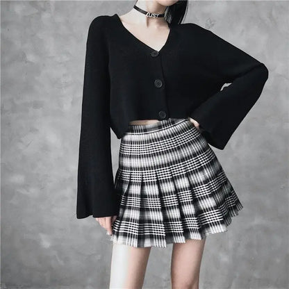 Gothic Grunge Black & White Plaid Pleated Mini Skirt (Available in Plus Size) EG0234 - Egirldoll