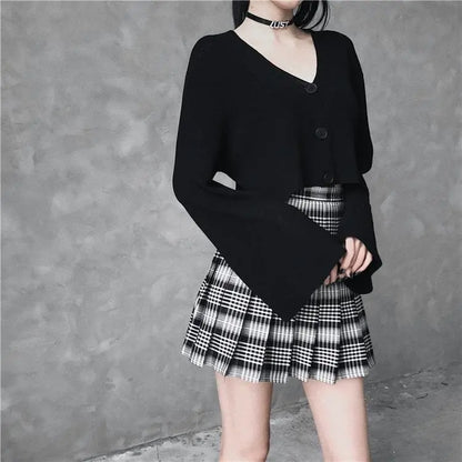 Gothic Grunge Black & White Plaid Pleated Mini Skirt (Available in Plus Size) EG0234 - Egirldoll