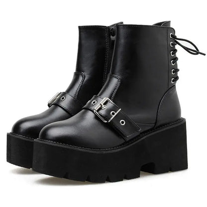 Gothic Grunge Buckle Front Lace Up Back Platform Boots EG0244 - Egirldoll