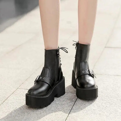 Gothic Grunge Buckle Front Lace Up Back Platform Boots EG0244 - Egirldoll