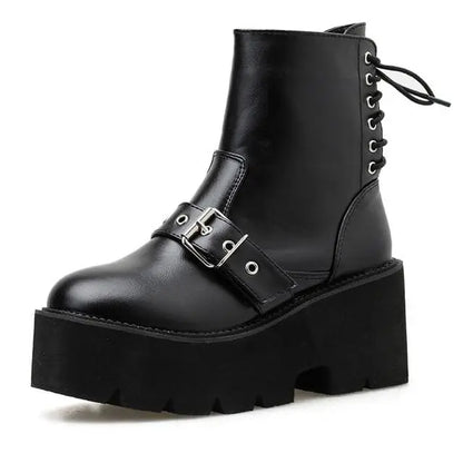 Gothic Grunge Buckle Front Lace Up Back Platform Boots EG0244 - Egirldoll