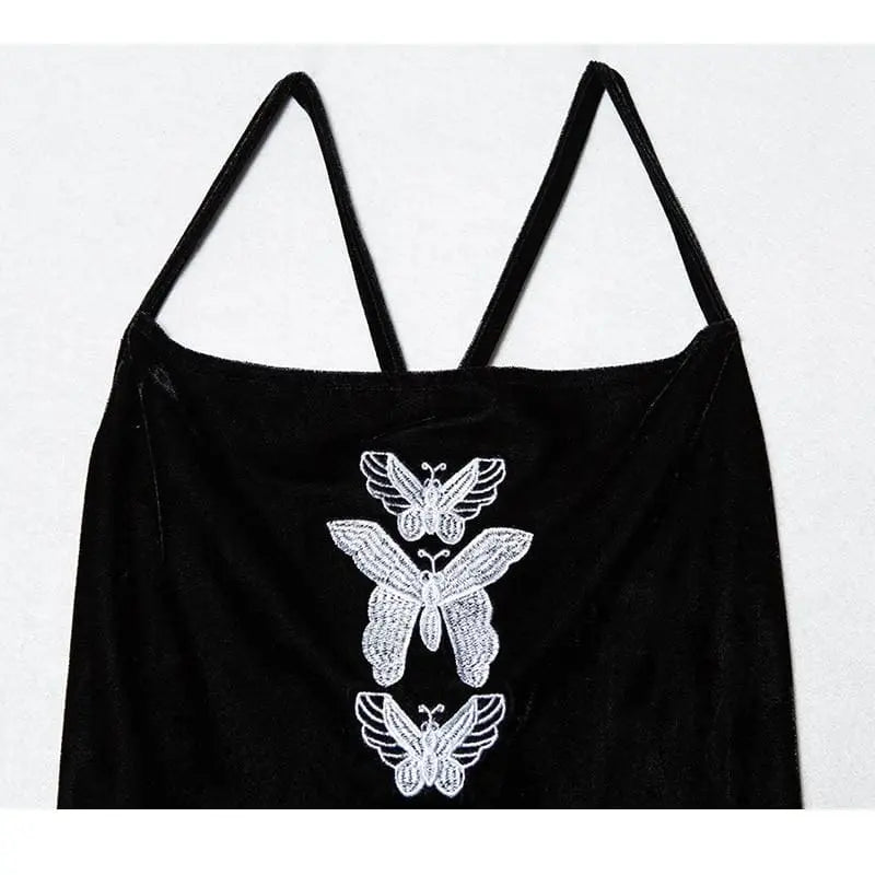 Gothic Grunge Butterfly Embroidery Velvet Sling Strap Mini Dress EG0246 - Egirldoll