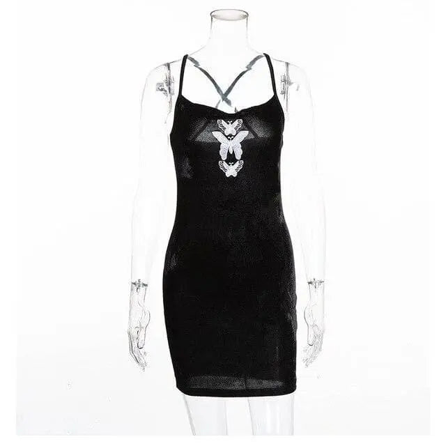 Gothic Grunge Butterfly Embroidery Velvet Sling Strap Mini Dress EG0246 - Egirldoll
