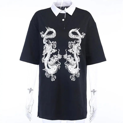 Gothic Grunge Double Dragon White Collar Loose Top EG078 - Egirldoll