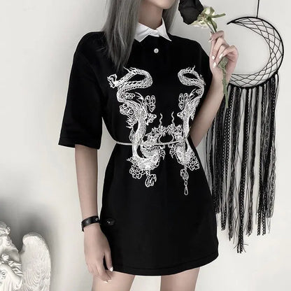 Gothic Grunge Double Dragon White Collar Loose Top EG078 - Egirldoll