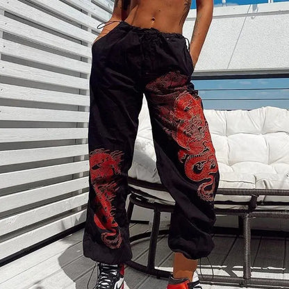 Gothic Grunge Double Red Dragon Print Pants EG0275 - Egirldoll