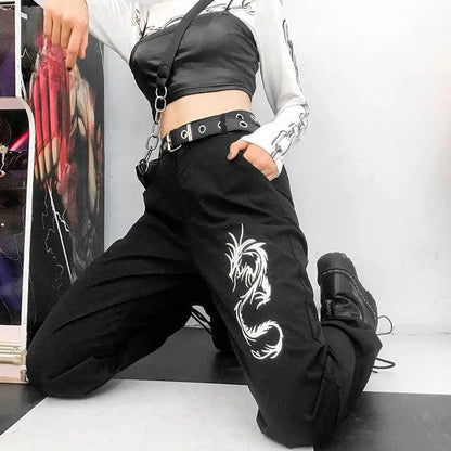 Gothic Grunge Dragon Embroidery Jogger Pants EG293 - Egirldoll