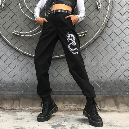 Gothic Grunge Dragon Embroidery Jogger Pants EG293 - Egirldoll