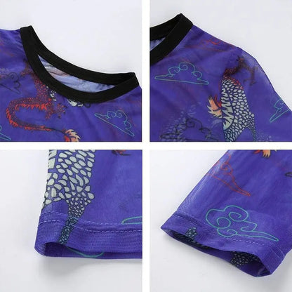 Gothic Grunge Dragon Print Blue Mesh Top EG0281 - Egirldoll