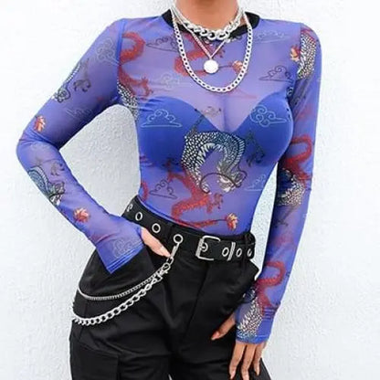 Gothic Grunge Dragon Print Blue Mesh Top EG0281 - Egirldoll