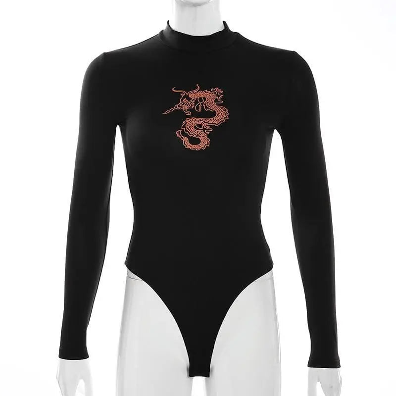 Gothic Grunge Dragon Print Long Sleeve Bodysuit EG0283 - Egirldoll