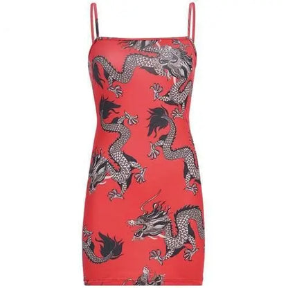 Gothic Grunge Dragon Print Red Bodycon Dress EG0284 - Egirldoll