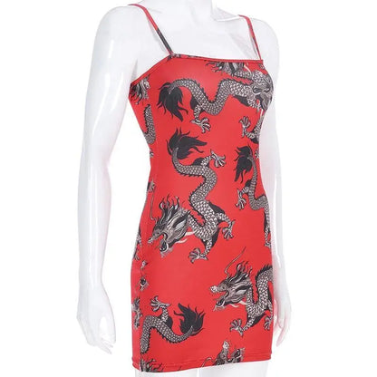 Gothic Grunge Dragon Print Red Bodycon Dress EG0284 - Egirldoll