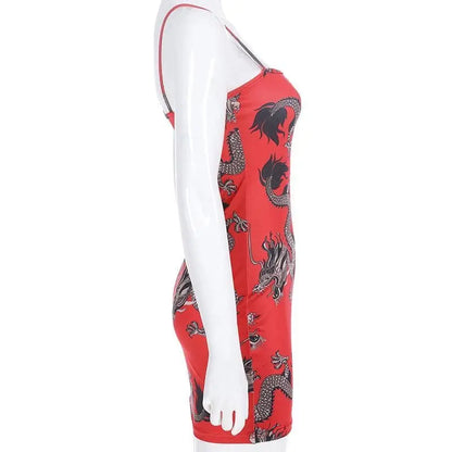 Gothic Grunge Dragon Print Red Bodycon Dress EG0284 - Egirldoll