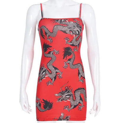 Gothic Grunge Dragon Print Red Bodycon Dress EG0284 - Egirldoll