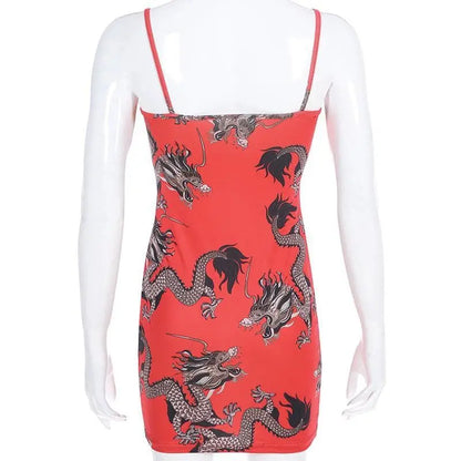 Gothic Grunge Dragon Print Red Bodycon Dress EG0284 - Egirldoll