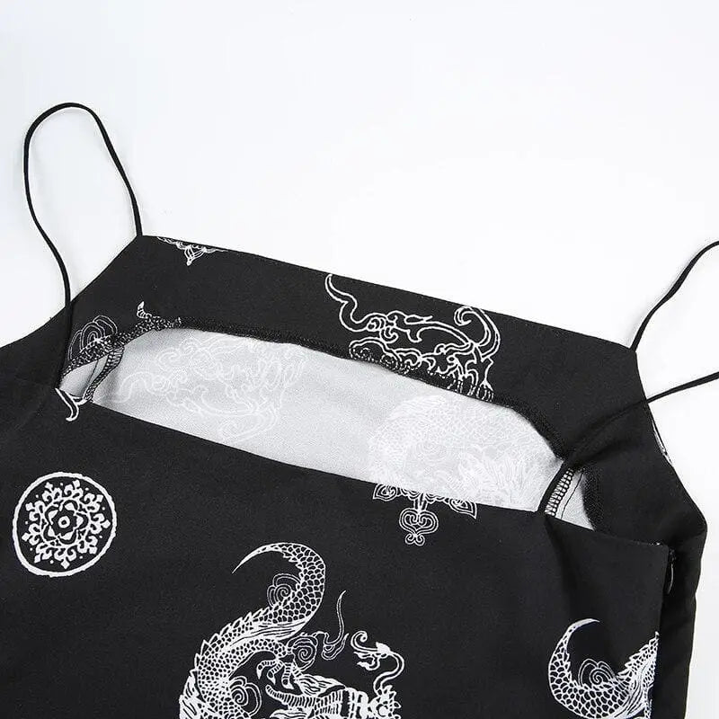 Gothic Grunge Dragon Print Spaghetti Strap Slit Mini Dress EG0287 - Egirldoll