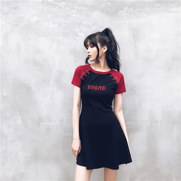 Gothic Grunge DREAD Black Red Raglan Mini Dress EG0289 - Egirldoll