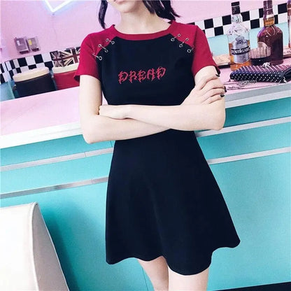 Gothic Grunge DREAD Black Red Raglan Mini Dress EG0289 - Egirldoll