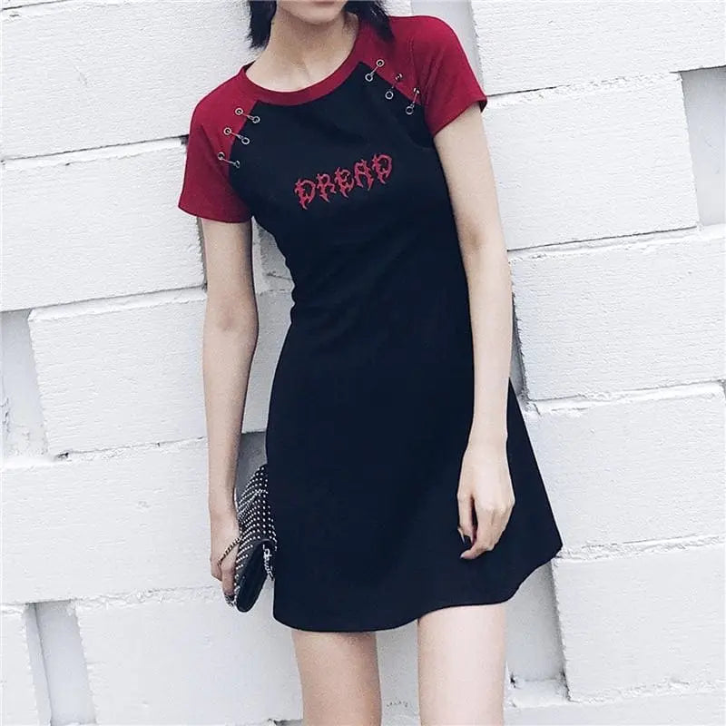 Gothic Grunge DREAD Black Red Raglan Mini Dress EG0289 - Egirldoll