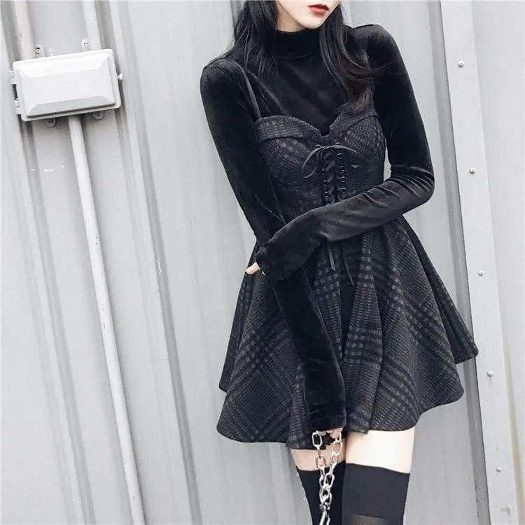 Gothic Grunge Gray Plaid Lace Up Sling Strap Dress EG471 - Egirldoll
