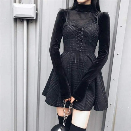 Gothic Grunge Gray Plaid Lace Up Sling Strap Dress EG471 - Egirldoll