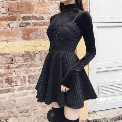 Gothic Grunge Gray Plaid Lace Up Sling Strap Dress EG471 - Egirldoll