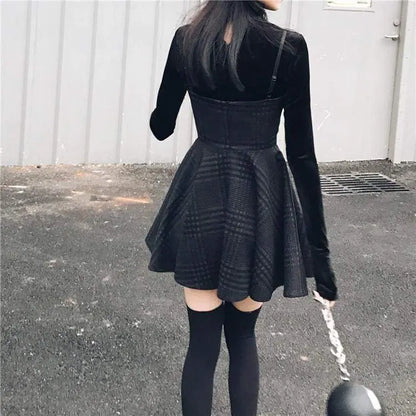 Gothic Grunge Gray Plaid Lace Up Sling Strap Dress EG471 - Egirldoll