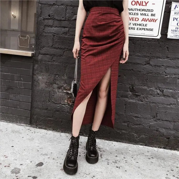 Gothic Grunge Plaid Asymmetrical Long Skirt EG265 - Egirldoll