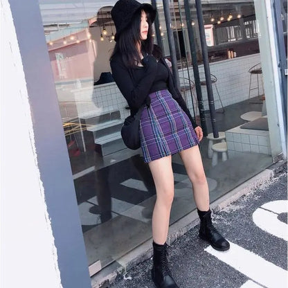 Gothic Grunge Plaid High Waist Mini Skirt (Available in Plus Size) EG268 - Egirldoll